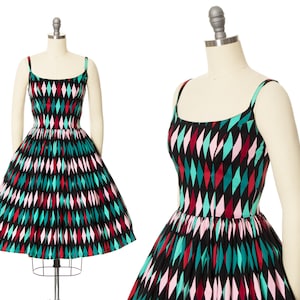 Modern Vintage 1950s Style Sundress | PIN UP GIRL &quot;Jenny&quot; Harlequin Printed Cotton Spaghetti Strap Fit and Flare Day Dress (x-small)