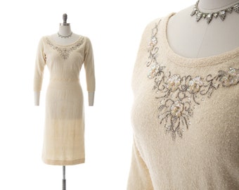 Vintage 1950s Sweater Dress | 50s Beaded Sequin Knit Wool Cream Wiggle Sheath Cocktail Dress (small/medium)