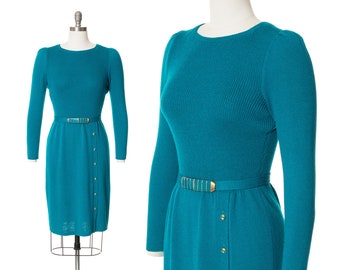 Vintage 1980s Sweater Dress | 80s ST. JOHN Knit Wool Teal Long Sleeve Wiggle Sheath Dress (x-small/small)