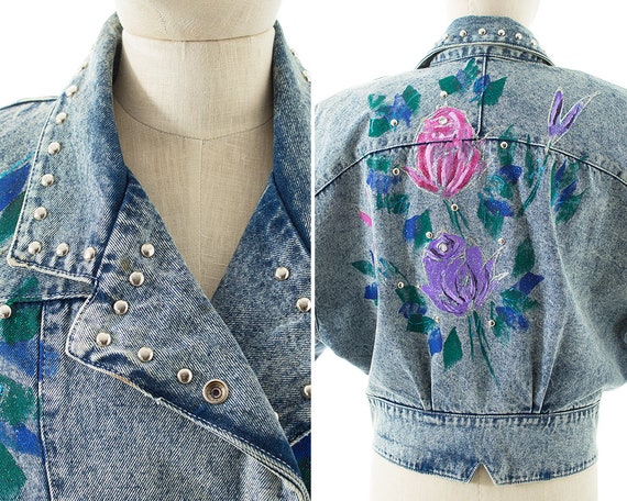 Vintage 1990s Jean Jacket | 90s Hand Painted Rose… - image 6