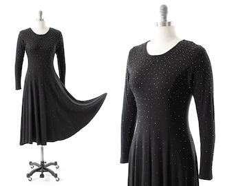 Vintage 1980s Dress | 80s Beaded Black Jersey Knit Long Sleeve Fit Flare Witchy Minimalist Stretchy Day Evening Midi Dress (medium/large)