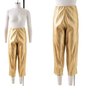 Vintage 1950s Cigarette Pants | 50s Metallic Gold Lamé High Waisted Sparkly Slim Cut Trousers (small)