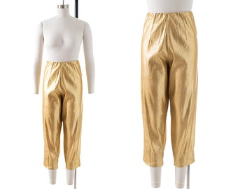Vintage 1950s Cigarette Pants | 50s Metallic Gold Lamé High Waisted Sparkly Slim Cut Trousers (small)