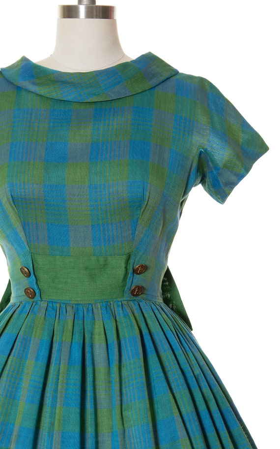 Vintage 1960s Dress | 60s Plaid Cotton Blend Gree… - image 6