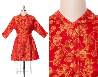 Vintage 1960s Jacket | 60s Floral Satin Jacquard Red Belted Holiday Party Hostess Dress Top (medium)