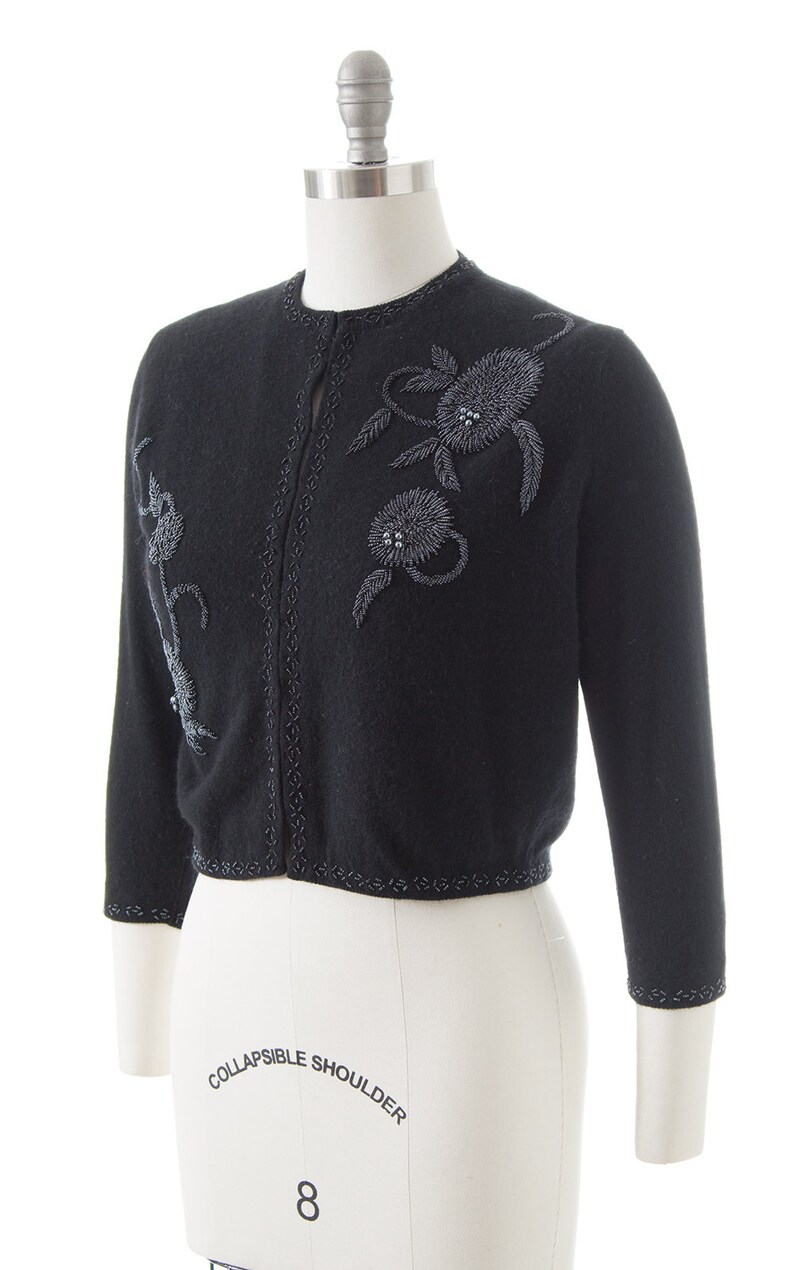 mediumlarge Vintage 1950s Cardigan 50s Floral Beaded Knit Black Wool Cropped Sweater