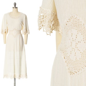 Vintage 1970s Dress | 70s Cream Off White Cotton Gauze Crochet Flutter Bell Sleeve Fit Flare Midi Boho Wedding Day Dress (x-small/small)