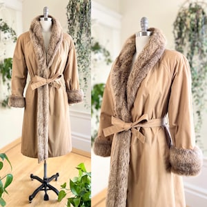 Vintage 1970s Trench Coat | 70s Faux Fur Lined Cuffs Winter Boho Water Repellant Raincoat Rain Overcoat | small/medium