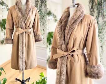 Vintage 1970s Trench Coat | 70s Faux Fur Lined Cuffs Winter Boho Water Repellant Raincoat Rain Overcoat | small/medium