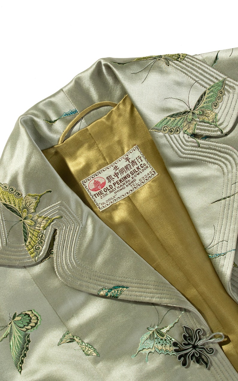 Vintage 1950s Jacket 50s Silk Satin Jacquard Butterfly Bug Novelty Print Tailored Sage Green Holiday Party Blazer x-small/small image 9