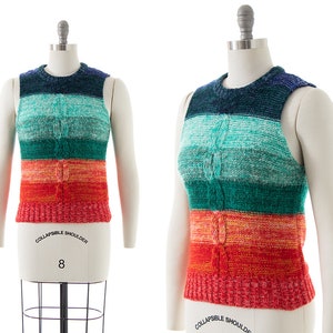 Vintage 1970s Sweater Vest 70s Rainbow Striped Knit Acrylic Sleeveless Fitted Sweater Top small image 1