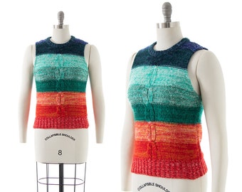 Vintage 1970s Sweater Vest | 70s Rainbow Striped Knit Acrylic Sleeveless Fitted Sweater Top (small)