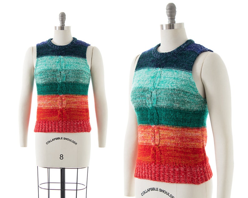 Vintage 1970s Sweater Vest 70s Rainbow Striped Knit Acrylic Sleeveless Fitted Sweater Top small image 1