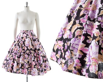 Vintage 1950s Style Circle Skirt | 80s Floral Printed Cotton Purple Pink Black Full Swing Skirt (small)