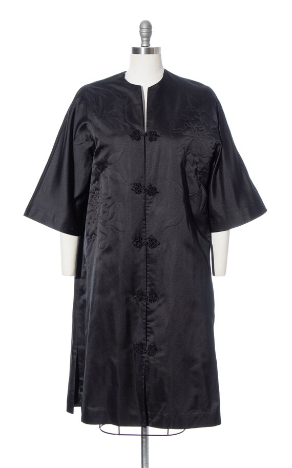 Vintage 1960s Opera Coat | 60s DYNASTY Black Silk Satin Frog