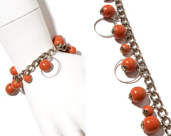 Vintage 1960s Charm Bracelet | 60s Orange Wood Bobble Balls Round O-Rings Silver Tone Metal Chain Bracelet