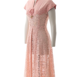 Vintage 1950s Dress 50s Rhinestone Soutache Linen Lace Light Pink See Through Fit and Flare Summer Tea Dress small image 3