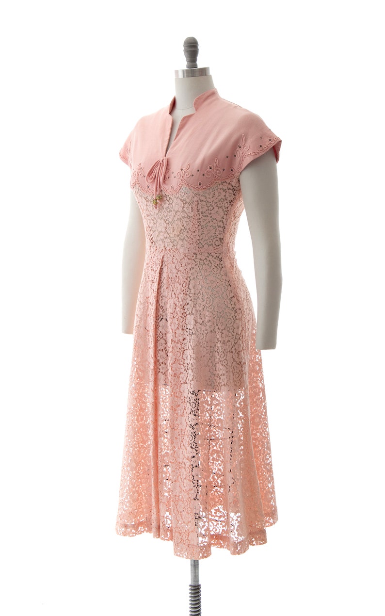 Vintage 1950s Dress 50s Rhinestone Soutache Linen Lace Light Pink See Through Fit and Flare Summer Tea Dress small image 3