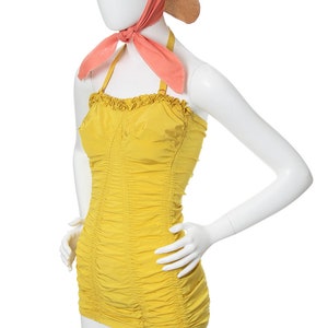 Vintage 1940s 1950s Swimsuit 40s 50s CATALINA Bright Canary Yellow Ruffled Ruched Halter One Piece Bathing Suit x-small/small image 3