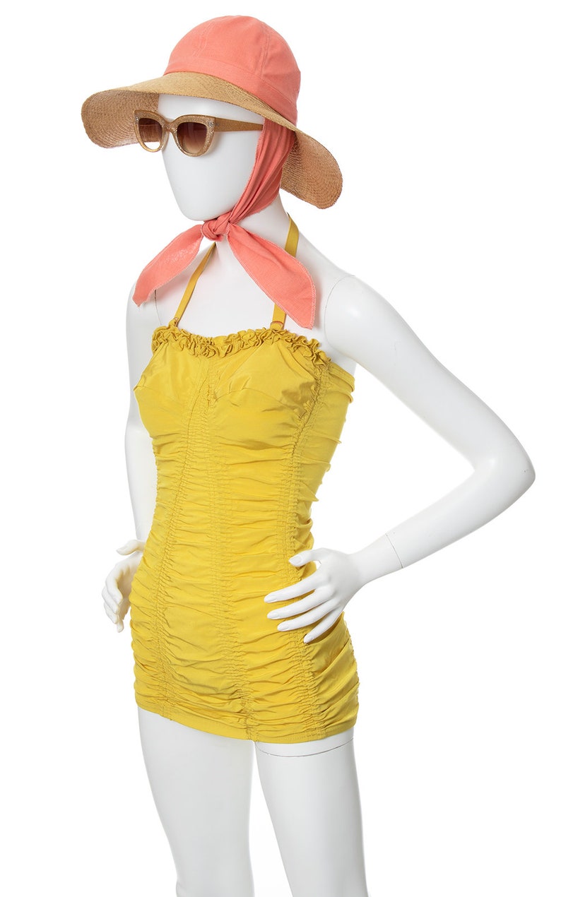 Vintage 1940s 1950s Swimsuit 40s 50s CATALINA Bright Canary Yellow Ruffled Ruched Halter One Piece Bathing Suit x-small/small image 3