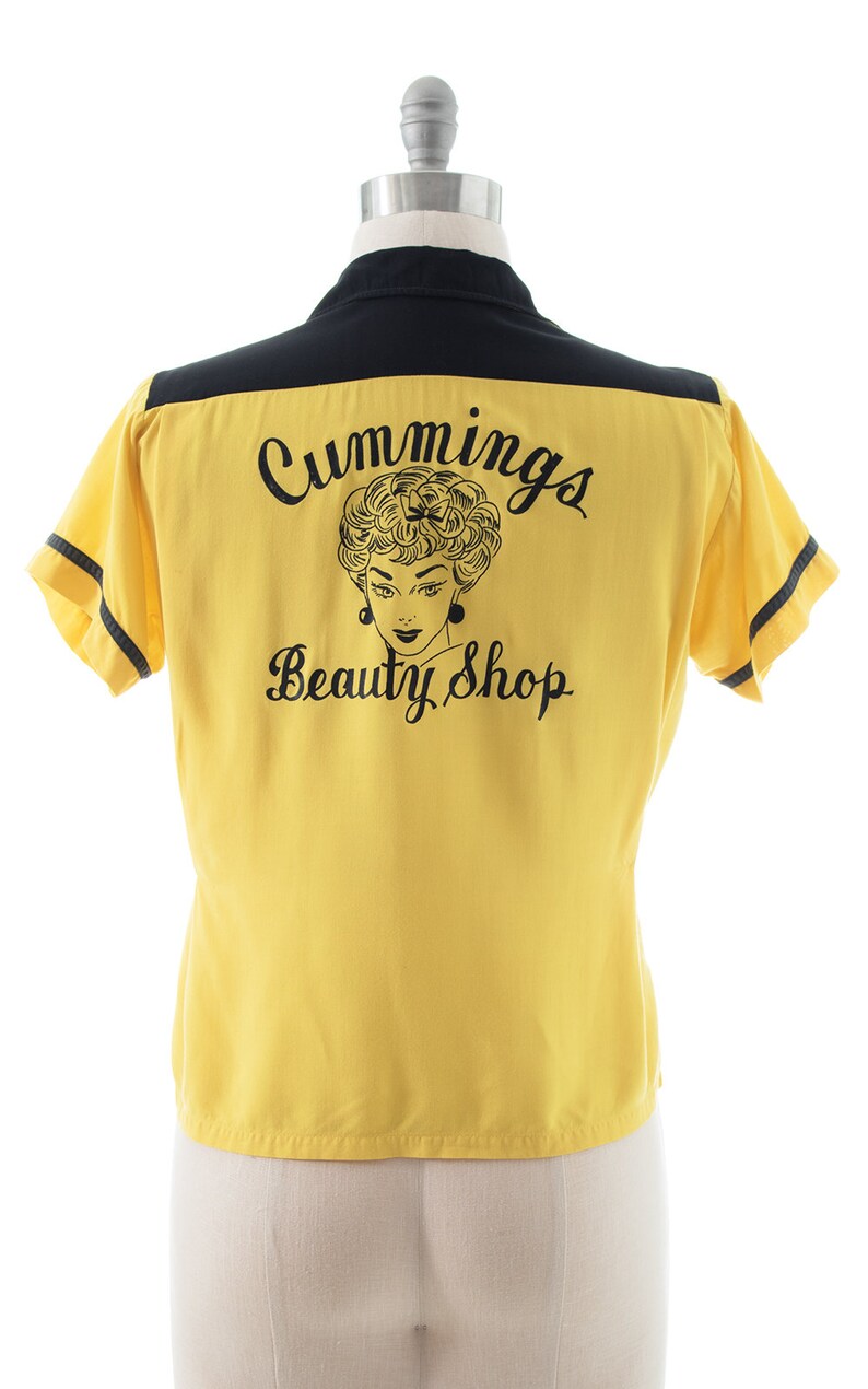 Vintage 1950s Bowling Shirt 50s Cummings Beauty Shop Rayon Color Block Chainstitch Edna Bowler's Team Uniform Blouse medium/large image 5