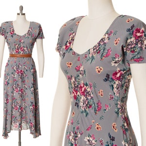 Vintage 1990s Maxi Dress | 90s does 30s Floral Printed Rayon Bias Cut Grey Gray Fit and Flare Day Dress (small/medium)