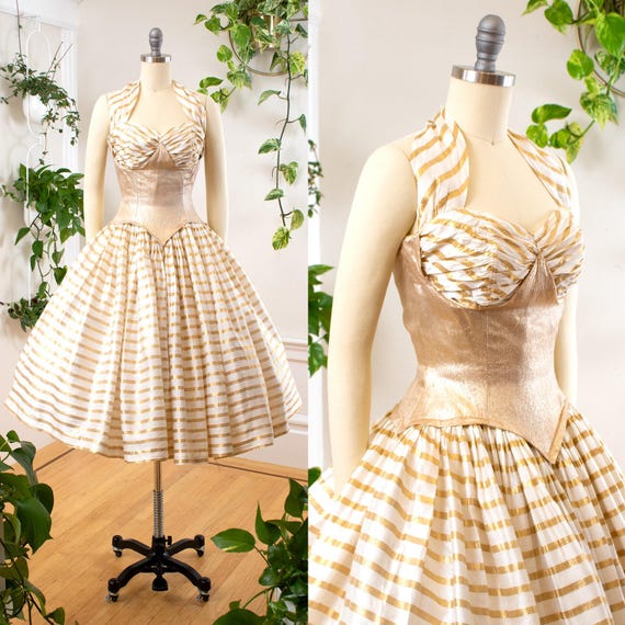 Vintage 1950s Party Dress | 50s Metallic Gold Lam Striped Sweetheart Halter Corset Fit Flare Glam Formal Evening Prom Gown | X-Small