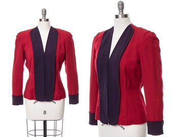Vintage 1940s Blazer | 40s Color Block Wool Crepe Woven Dark Red Purple Blue Tailored Suit Jacket (small/medium)