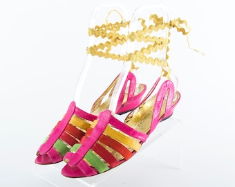 Vintage 1980s Sandals | 80s Strappy Leather Suede Rainbow Peep Toe Lace Up Shoes (US 10)