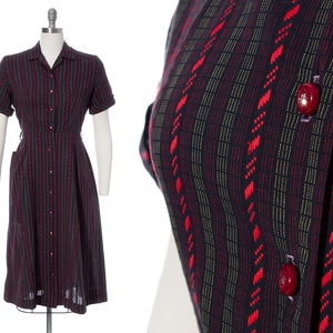 Vintage 1950s Shirt Dress 50s Striped Cotton Black Red Button Up Sheath Wiggle Dress with Pocket medium image 1