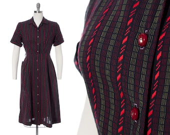 Vintage 1950s Shirt Dress | 50s Striped Cotton Black Red Button Up Sheath Wiggle Dress with Pocket (medium)
