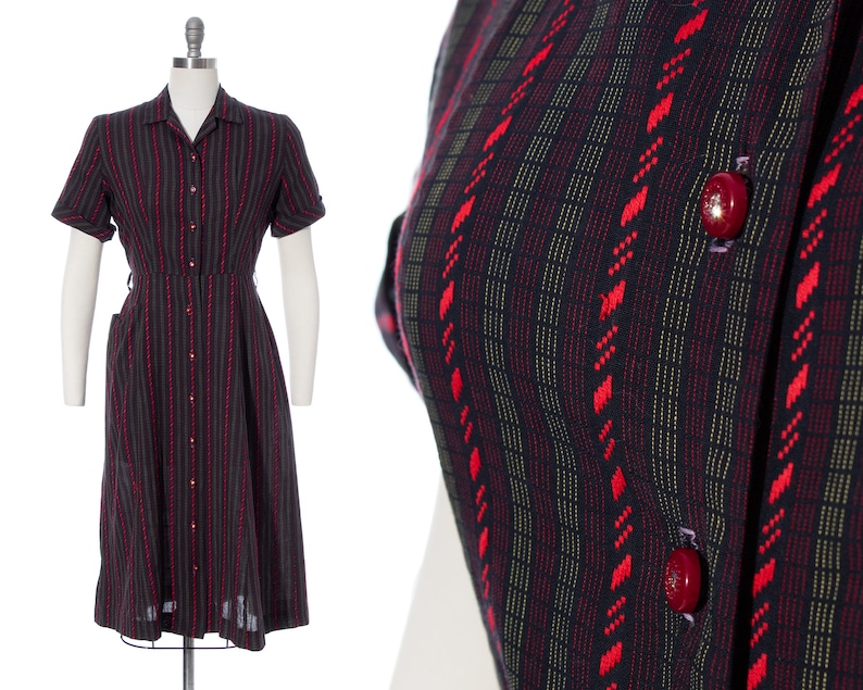 Vintage 1950s Shirt Dress 50s Striped Cotton Black Red Button Up Sheath Wiggle Dress with Pocket medium image 1