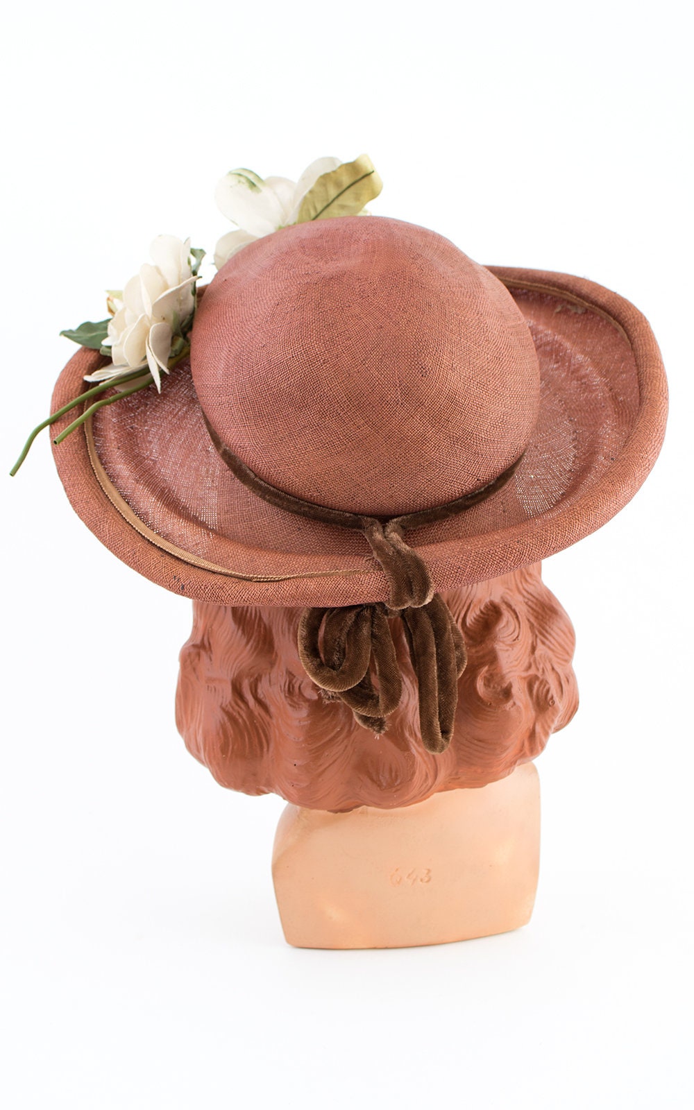 Vintage 1950s Sun Hat | 50s White Magnolia Floral Woven  display picture 1