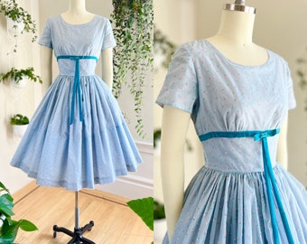 Vintage 1950s Dress | 50s Floral Flocked Chiffon Blue Fit and Flare Tea Party Dress (x-small)