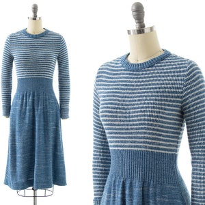 Vintage 1970s Sweater Dress | 70s Blue Striped Knit Acrylic Long Sleeve Midi Fit and Flare Sweaterdress (x-small/small)