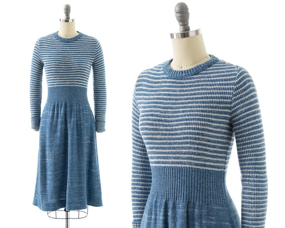 Vintage 1970s Sweater Dress | 70s Blue Striped Knit Acrylic Long Sleeve Midi Fit and Flare Sweaterdress (x-small/small) Vintage 1970s Sweater Dress | 70s Blue Striped Knit Acrylic Long Sleeve Midi Fit and Flare Sweaterdress (x-small/small)