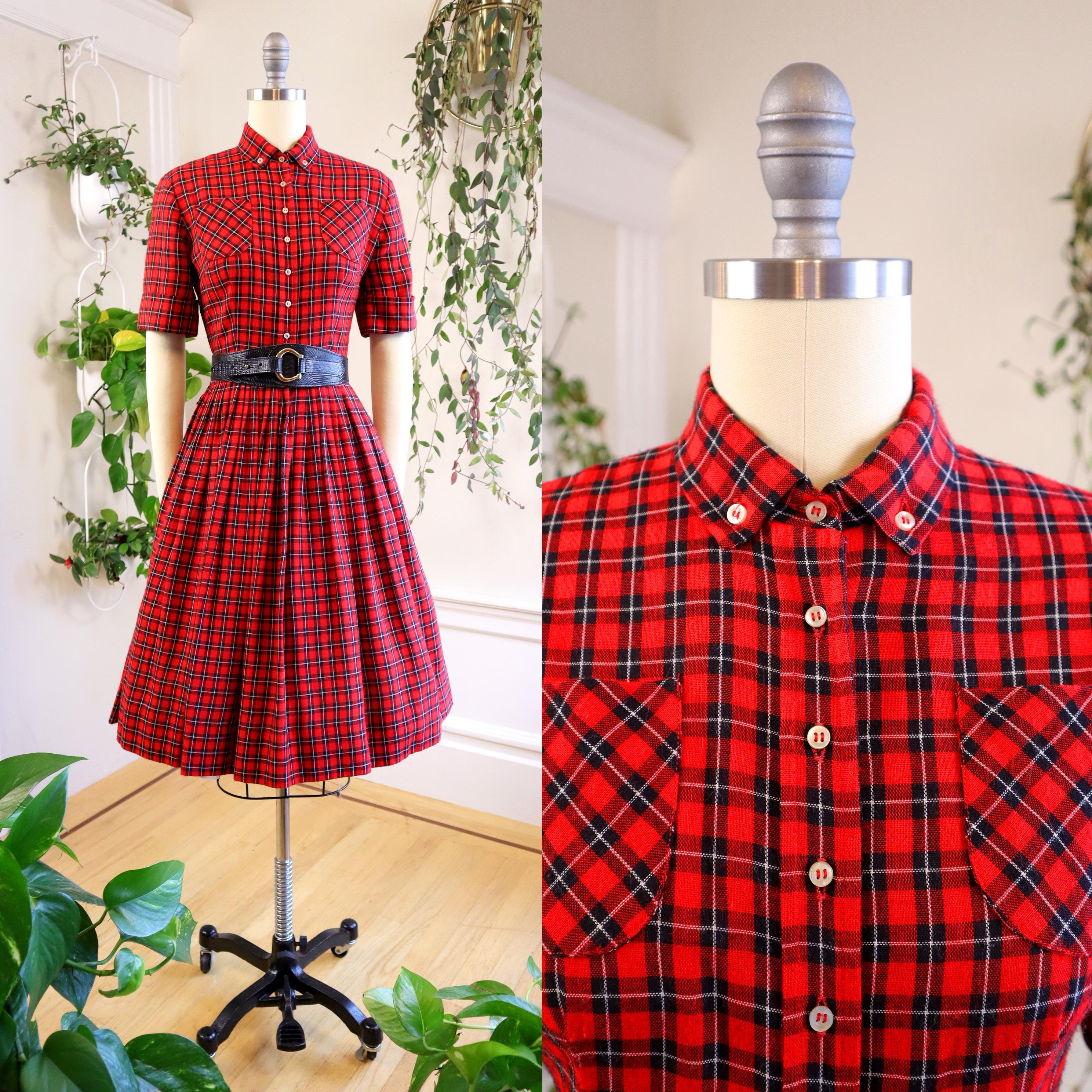 Vintage 1950s Shirt Dress | 50s Red Plaid Wool Tartan Checkered