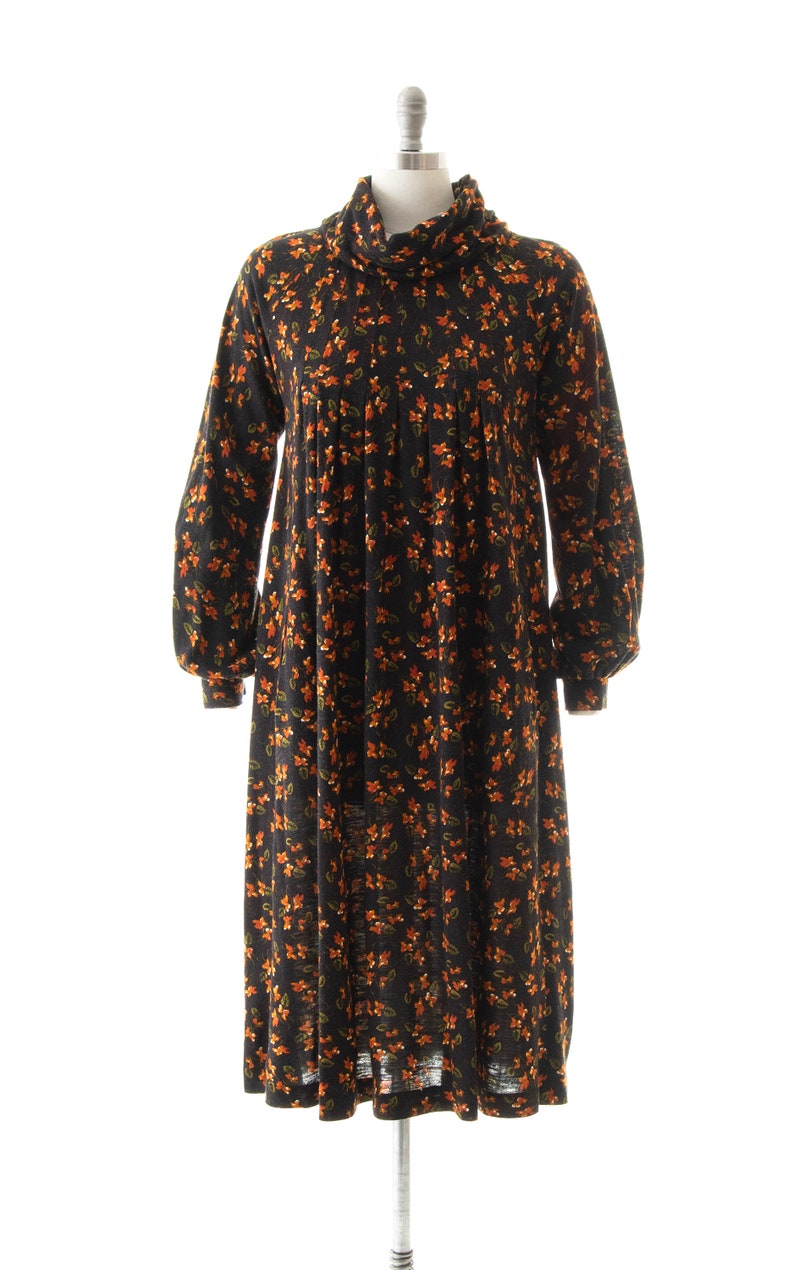 Vintage 1970s Trapeze Dress 70s Floral Print Acrylic Jersey Knit Brown Turtleneck Long Sleeve A-Line Sweater Dress x-small/small/medium image 3