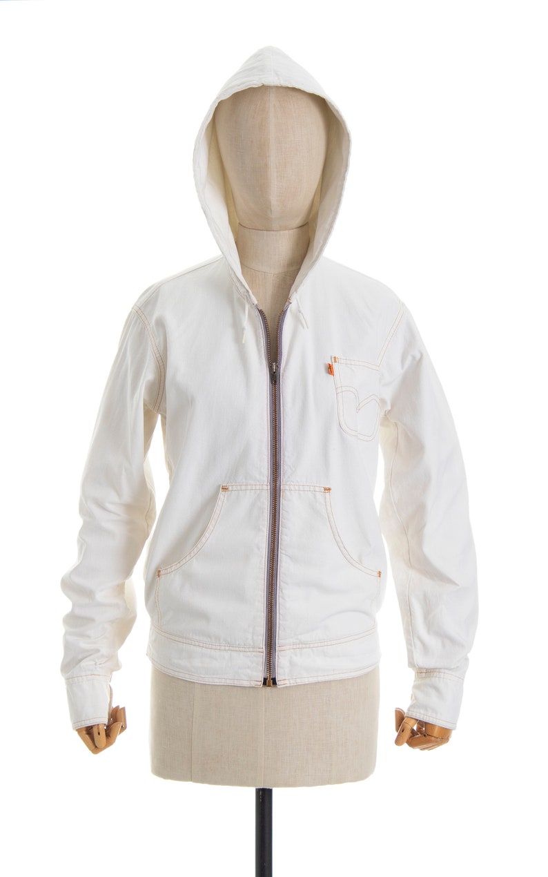 Vintage 1970s Jacket 70s LEVIS Orange Tab White Cotton Denim Hooded Zip Up Boho Minimalist Jacket small/medium image 2