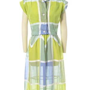 Vintage 1950s Sundress Set 50s Color Block Windowpane Plaid Sheer Cotton Voile Lime Green Blue Day Dress & Bolero Outfit small image 2