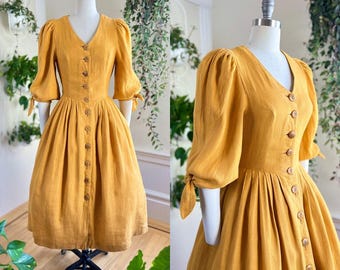 Vintage 1980s Shirt Dress | 80s Linen Mustard Yellow Fit and Flare Button Up Shirtwaist Puff Sleeve Midi Tea Dress | small/medium