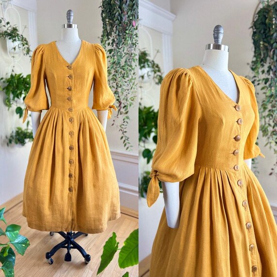Vintage 1980s Shirt Dress | 80s Linen Mustard Yellow Fit and Flare Button Up Shirtwaist Puff Sleeve Midi Tea Dress | small/medium