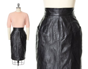 Vintage 1980s Pencil Skirt | 80s Genuine Black Leather Hight Waisted Secretary Pin Up Wiggle Skirt with Pockets (small)