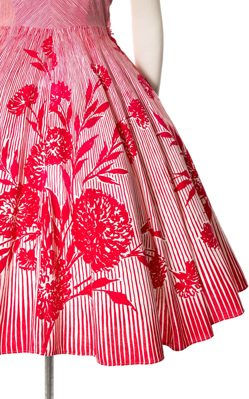 Vintage 1950s 50s Floral Striped Printed Cotton Red Fit and Flare Circle Skirt Sundress Day Dress Rockabilly