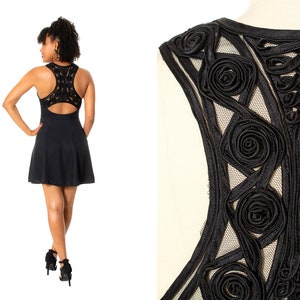 Vintage 1980s Dress | 80s JESSICA MCCLINTOCK Black Net Soutache Ribbon Racerback Cutout Mini Skater Party Dress (x-small)