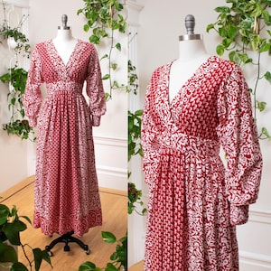 Vintage 1970s Maxi Dress | 70s ADINI Floral Indian Cotton Red Boho Printed Long Sleeve Maxi Dress | medium image 1