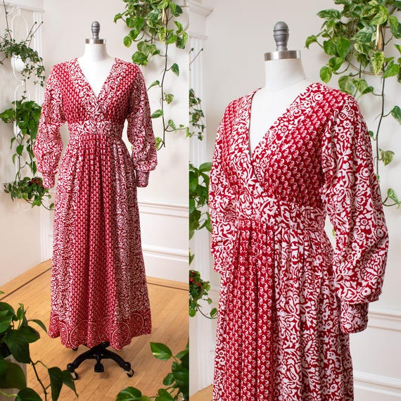 Vintage 1970s Maxi Dress | 70s ADINI Floral Indian Cotton Red Boho Printed Long Sleeve Maxi Dress | medium