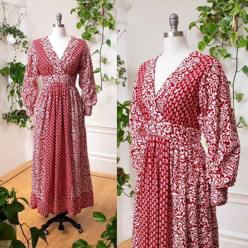 Vintage 1970s Maxi Dress | 70s ADINI Floral Indian Cotton Red Boho Printed Long Sleeve Maxi Dress | medium image 1