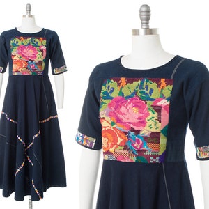 Vintage 1970s Huipil Dress 70s Guatemalan Woven Embroidered Floral Rose & Birds Navy Blue Cotton Maxi Dress small image 1