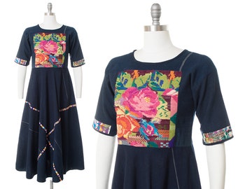 Vintage 1970s Huipil Dress | 70s Guatemalan Woven Embroidered Floral Rose & Birds Navy Blue Cotton Maxi Dress (small)